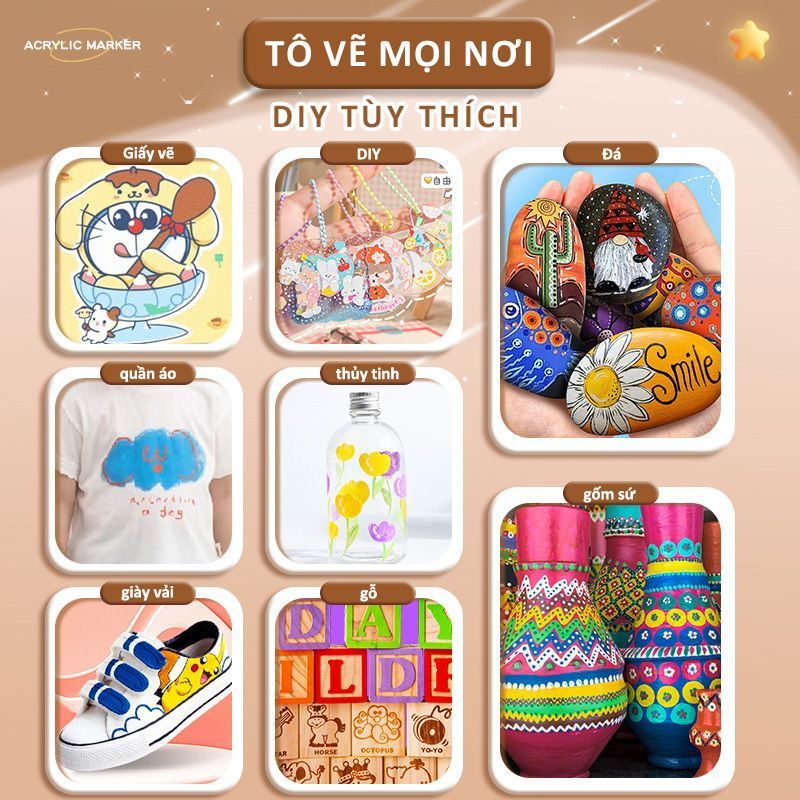 Hộp Màu Acrylic Marker Capybara 36/48/60 Màu – Bộ Bút Brush Vẽ Tô Nét Mảnh, Màu Tươi, Hoạ Cụ DIY Chất Lượng
