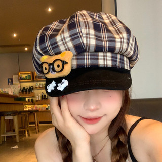 Mũ beret bát giác nữ gấu kính hoạt hình - Kẻ ô vuông, lớn đầu xinh, làm nhỏ khuôn mặt, dễ phối đồ