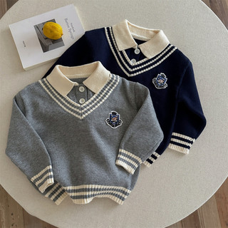 Áo len cổ polo trẻ em thêu áo hai mảnh giả