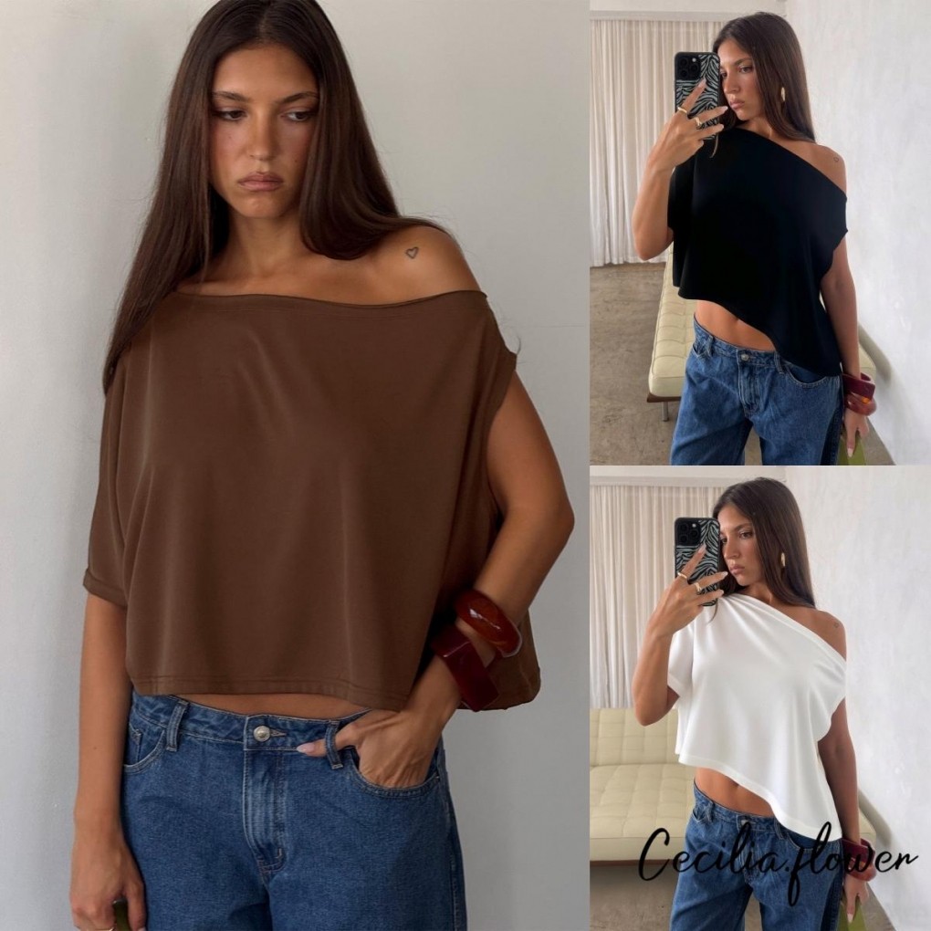 Áo crop-top lệch vai nữ - Áo thun có cánh tay phong cách thoải mái
