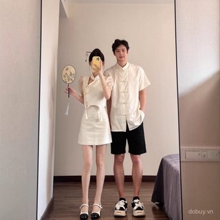 Trang phục cặp đôi phong cách Trung Quốc với áo sơ mi ngắn tay có cổ đứng, thiết kế mặt dây chuyền và vòng nút - Mùa hè tươi sáng