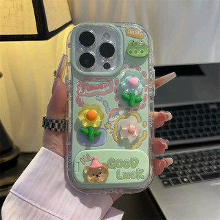 Vỏ Gương Gấu Hoa 3D Dễ Thương + Dây Xích + Giá Đỡ Cho IPhone 16 11 15 14 13 12 Pro Max X Xr Xs Max 7 8 Plus Vỏ Điện Thoại Bảo Vệ Ống Kính Chống Sốc Mềm Vỏ Đen
