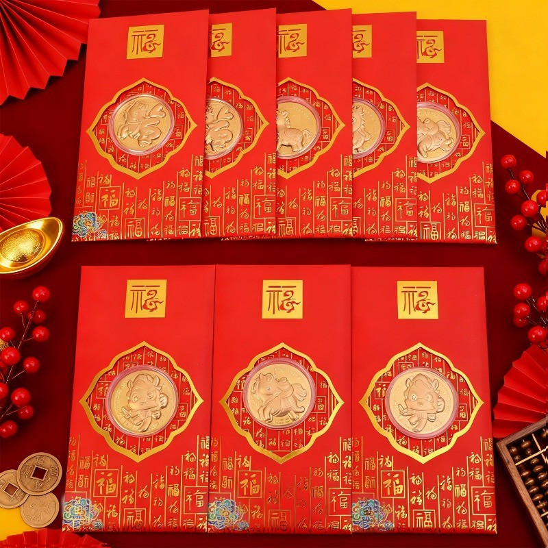 [Bán buôn] Giấy cao cấp và gói kim loại màu đỏ, Thiết kế năm con ngựa 2026 với lá vàng giả, biểu tượng tốt lành tượng trưng cho sự giàu có và thành công, bao gồm tiền xu kỷ niệm