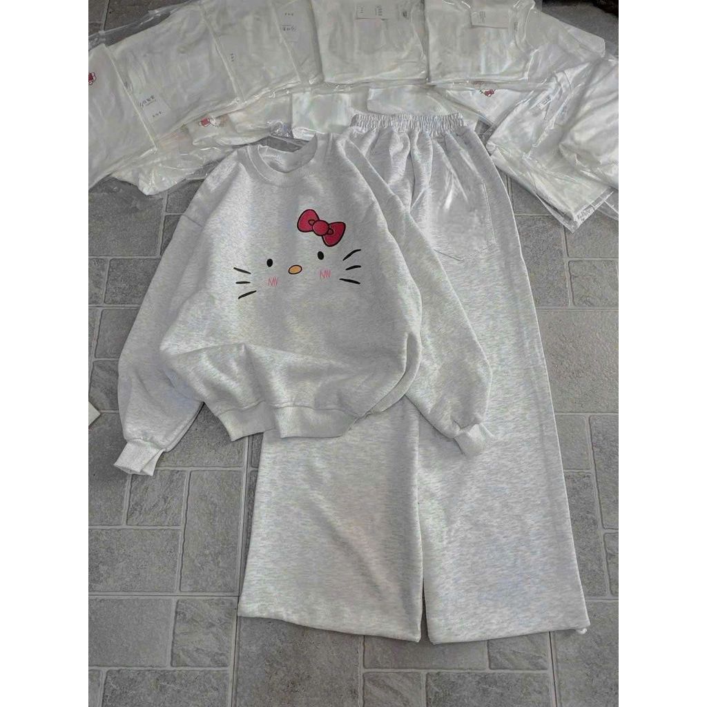 SÉT BỘ QUẦN DA CÁ XÁM  TRƠN+MIX ÁO  NỈ BÔNG  SWEATER CỔ TRÒN DÀI TAY -MÈO ĐƠN GIẢN-QUANAO94