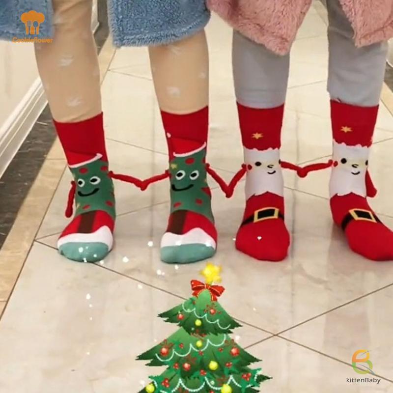 [Mèo con] 1 Đôi Ông Già Noel Dễ Thương Cây Giáng Sinh Cotton Vớ Giáng Sinh Hút Từ Tính Trong Tay Tất Unisex Cầm Tay Tất Dài Mới