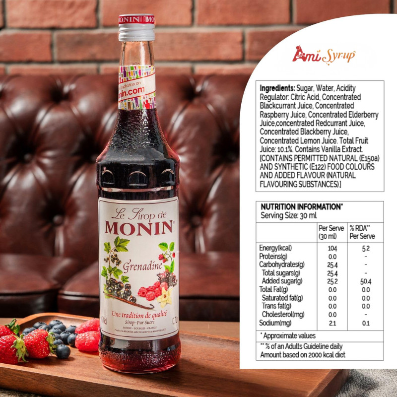 Siro Monin Lựu Grenadine 70cl, Nguyên Liệu Pha Chế Chuyên Nghiệp, Syrup Lựu Grenadine Nhập Khẩu Pháp