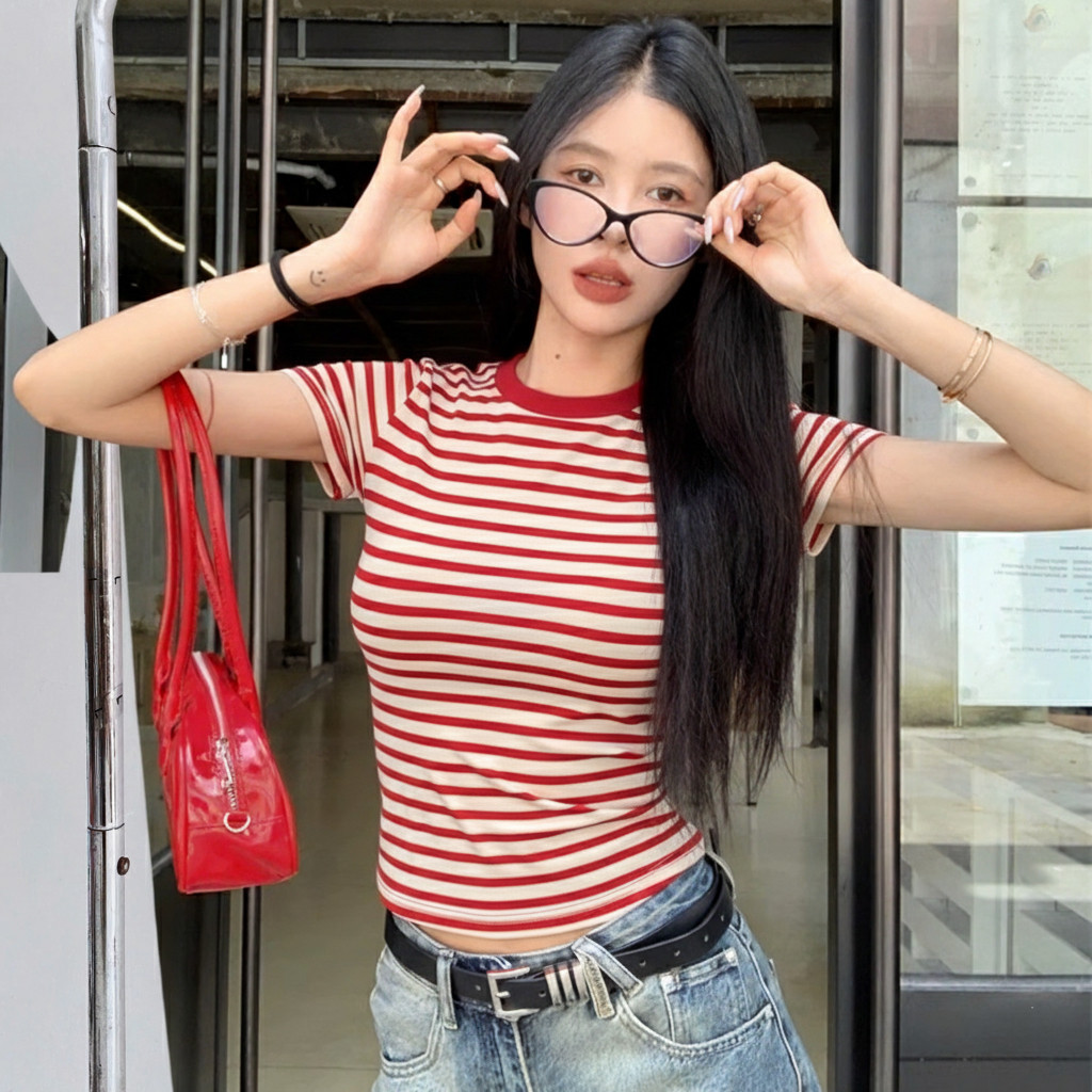 Áo Thun Nữ BABEE Tay Ngắn Cổ Tròn Baby Tee Kẻ Sọc Ngang Ôm Body Dễ Thương Chất Thun Co Dãn Thoải Mái