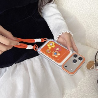 Hàn Quốc Ngọt Ngào Girly 3D Hoa Khe Cắm Thẻ Túi Màu Cam Wrsit Dây Đeo Ốp Lưng Điện Thoại iPhone 17Promax 11 12 13 14 15 16 Pro Max 15Plus Silicon Mềm Chống Sốc Vỏ Di Động