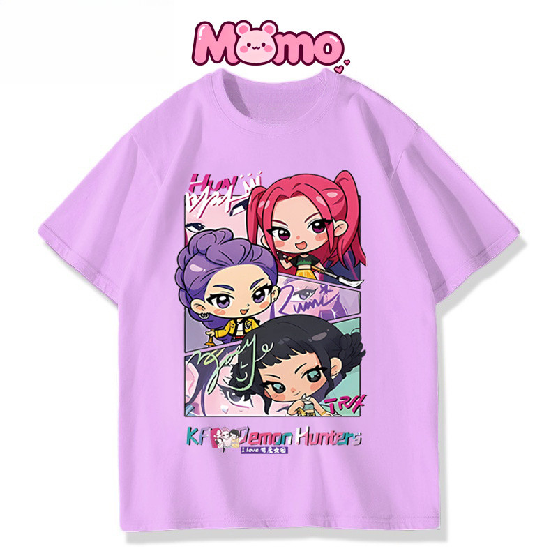 Mới KPOP Demon Hunter Trẻ Em Full Size Màu Trơn Cổ Tròn Mỏng Tay Ngắn Áo Thun Top
