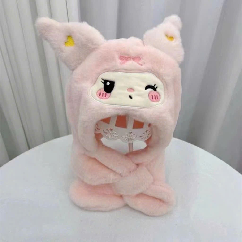 Mũ Bông Kèm Khăn Quàng Cổ Hình Kuromi Đáng Yêu Cho Bé Mũ Trùm Đầu 2 In 1 Quà Tặng Giáng Sinh Cho Bé