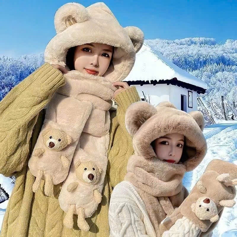 Set Mũ Gấu Lông Tai Thỏ 3in1 - Mũ Trùm Đầu Mũ Khăn Cổ Gang Tay Gắn Hình Thú Gấu Dễ Thương Quà Giáng Sinh Noel Dễ Thương