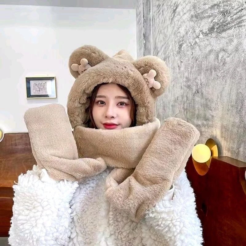 Mũ Trùm Đầu Tai Gấu 3in1 Kèm Khăn Và Bao Tay Lông Mềm Cao Cấp Giữ Ấm Mùa Đông Dễ Thương Quà Tặng Giáng Sinh Nam Nữ