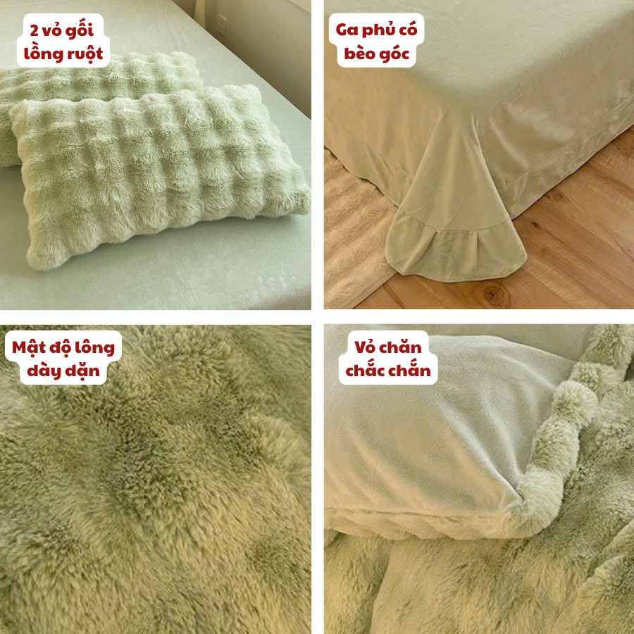 Bộ chăn ga gối 4 món nỉ lông hồ ly Memminbedding Luxury dày dặn, ấm áp, không xù lông, không bai nhão - SGN346