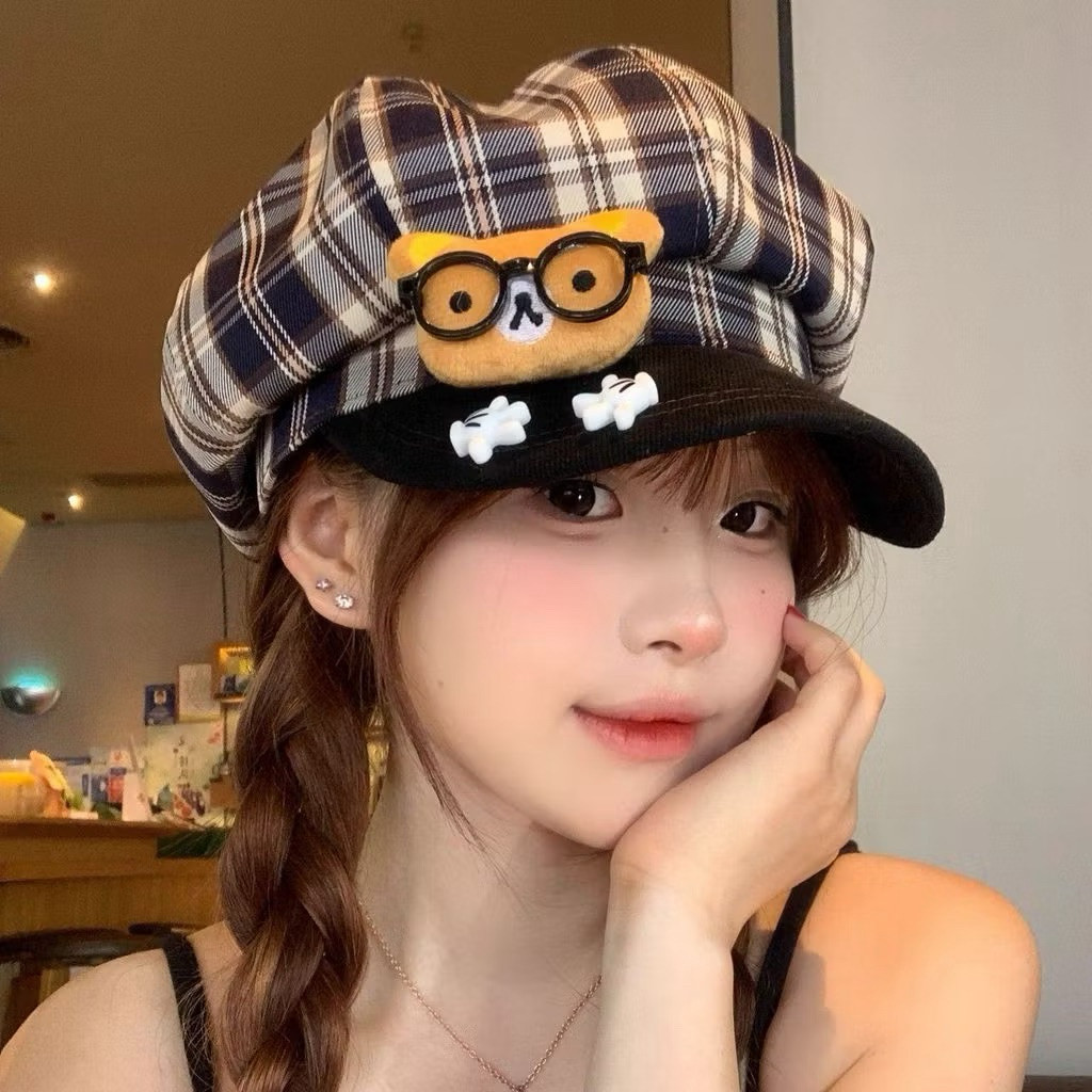 Mũ Beret Bát Giác Mũ Nồi Họa Tiết Hoạt Hình Dễ Thương Kẻ Sọc Mũ Nồi Nữ Phong Cách Hàn Quốc