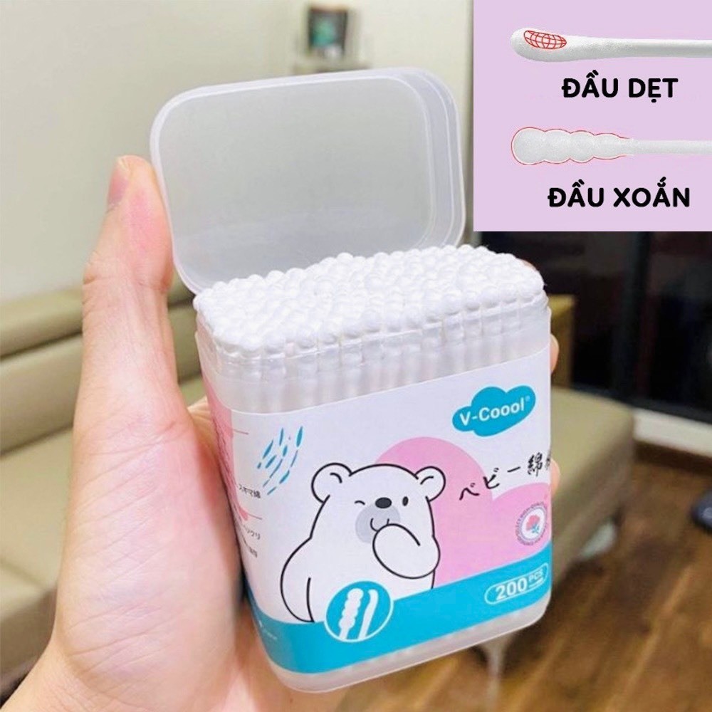 Combo 5 Hộp Tăm Bông Trẻ Em 200 Que Hãng Vcoool, Emma Kids, Misuta Kháng Khuẩn Cho Bé