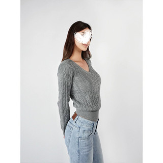 Áo len nữ cổ chữ V phong cách preppy, dáng dài tay