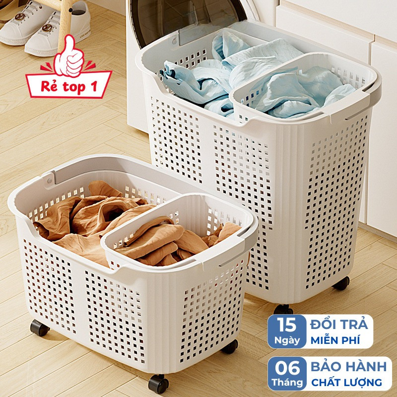 Giỏ đựng quần áo bẩn có bánh xe xoay 360 độ DINO, Giỏ nhựa đựng đồ cỡ lớn thoáng khí có tay cầm tiện lợi