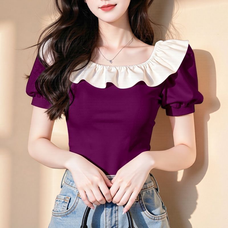 Áo cổ sen ren tay ngắn ôm vừa vặn, phù hợp mùa hè