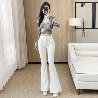 Quần jeans nữ eo cao đệm hông ống loe form ôm đàn hồi nhẹ cổ điển mùa thu