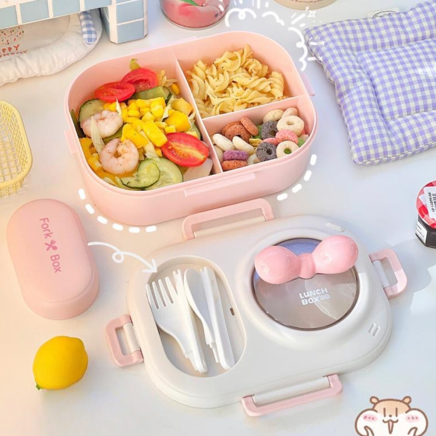 Hộp Đựng Cơm 3 Ngăn Kèm Muỗng Nĩa Tiện Lợi DinoHome, Hộp Đựng Cơm Fork Box Dễ Thương Nắp Đậy Kín