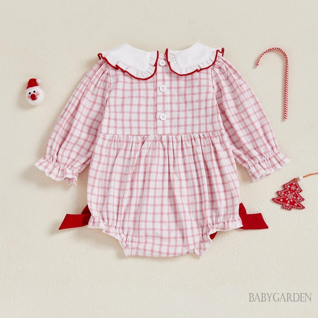 Bé Gái Giáng Sinh Body Dài Tay Cổ Búp Bê Ông Già Noel Thêu Bong Bóng Romper