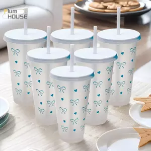 PlumHOUSE Chai Nước Thẩm Mỹ Tumbler Cho Đá Cà Phê Nước ép Trà Nơ Dễ Thương Cốc Nhựa Có Nắp Ống Hút Chai Uống Di Động VN