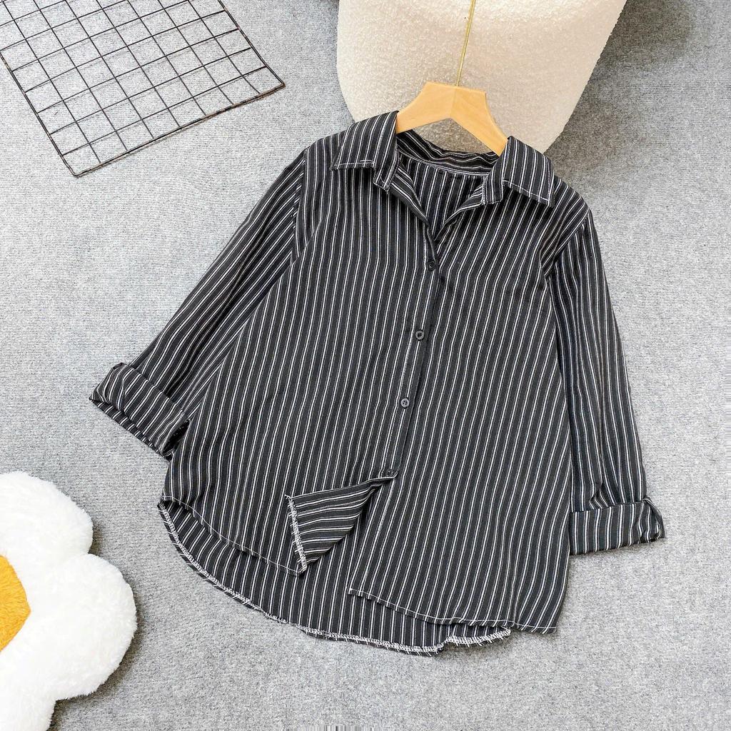 Áo sơ mi bigsize nữ Hàn Quốc kẻ sọc phối khăn thủy thủ – Dáng xinh che khuyết điểm cho nàng 50–93kg – A328+A195