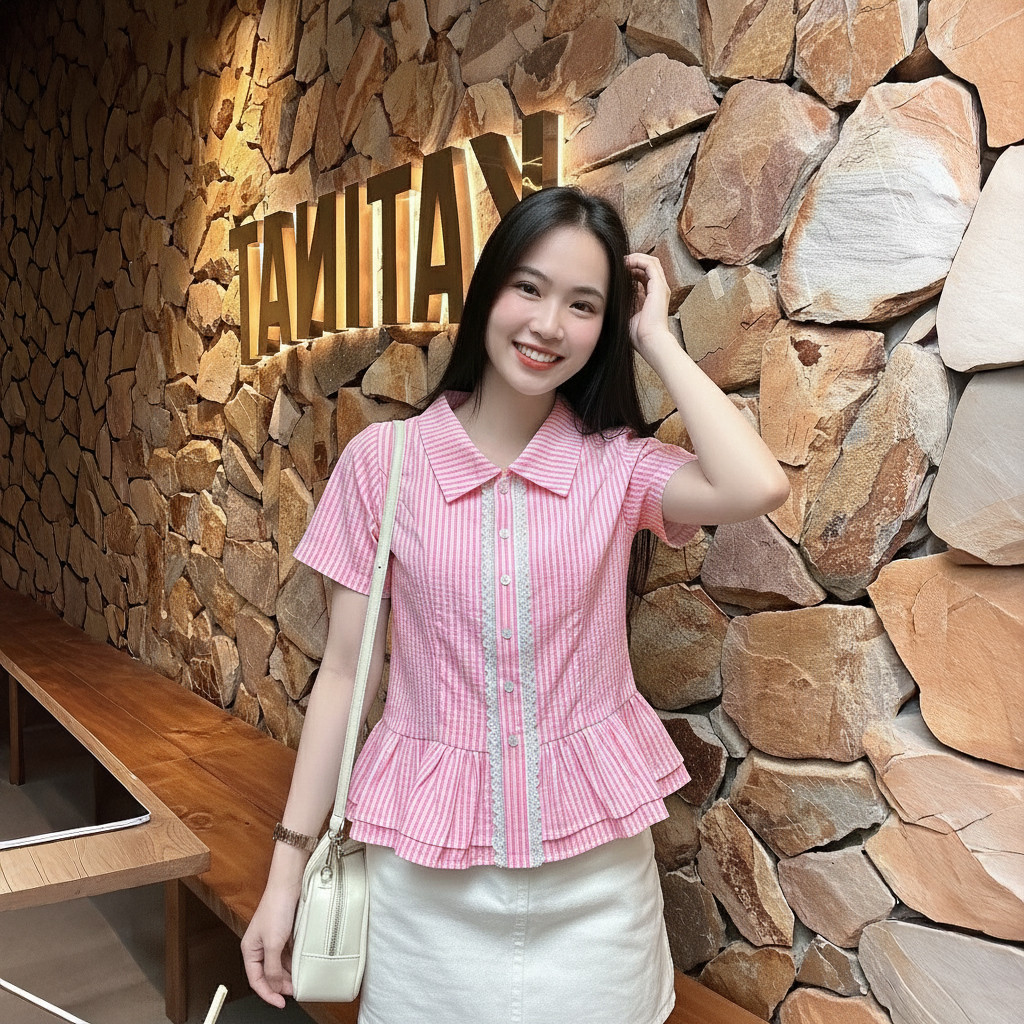 Áo Sơ Mi Tay Ngắn Kẻ Sọc  Kiểu Bèo 2 Tầng Xinh Xắn A51464
