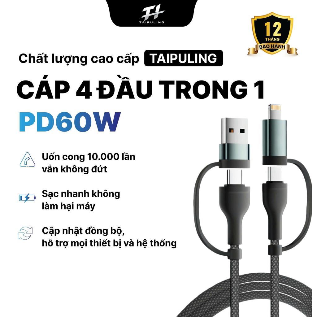 Cáp Sạc 4 Trong 1 PD60W Truyền Dữ Liệu Nhanh Chống Rối Siêu Bền Đầu Cắm Kim Loại Chất Lượng