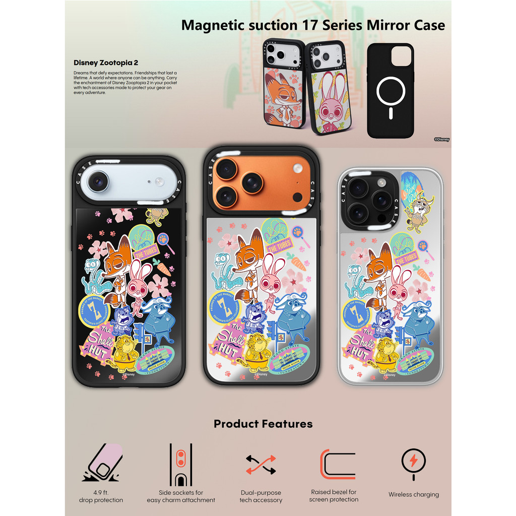 CASECASE X Zootopia 2 Stickermania Ốp Lưng Đen & Bạc Gương Hút Từ Tính iPhone Dành Cho IPhone 17 Air 16 15 14 13 12 Pro Max Plus Ốp Lưng Cứng Có Hộp Khắc logo