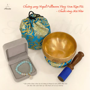 – Chuông xoay Nepal Fullmoon Vàng 13cm Kèm Túi – Chuỗi vòng Mã Não - CXNP102
