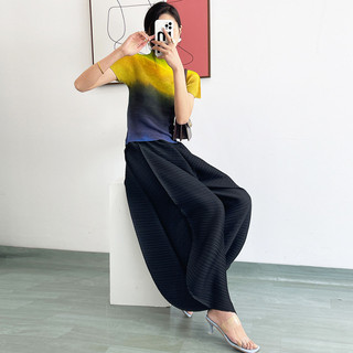 Miyake Quần Nữ Ống Rộng Drap Mỏng, Phù Hợp Hàng Ngày, Màu Đen Cao Cấp