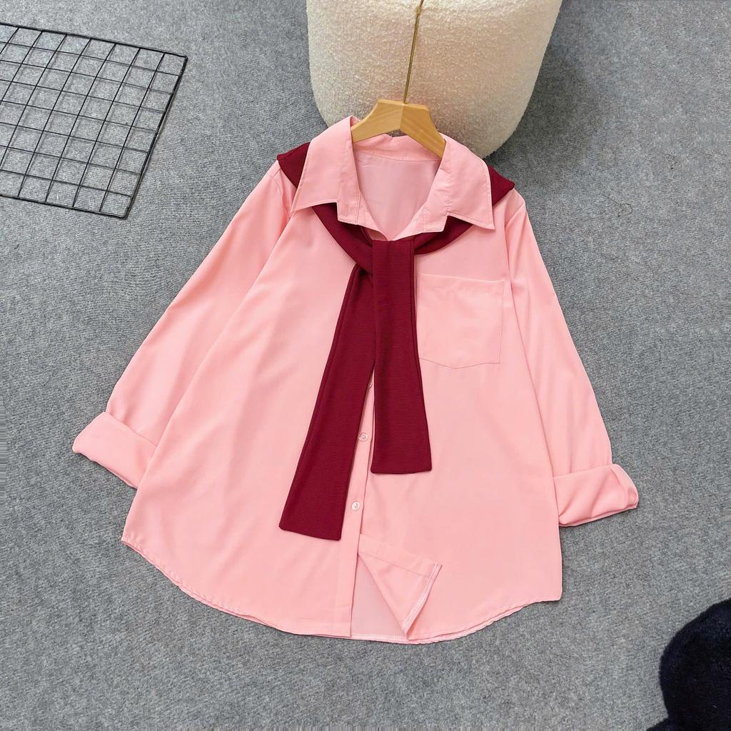 Áo Sơ Mi Lụa Dài Tay Nữ Bigsize Cô Nhỏ Kèm Khăn Choàng Xinh Xắn Phù Hợp Đi Học Đi Làm SM20+A195