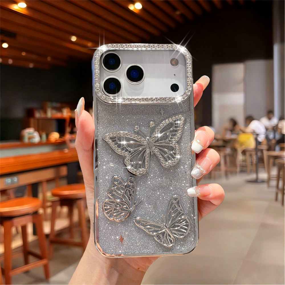 Ốp điện thoại hình con bướm ba chiều Flash Diamond cho iPhone 17 Pro Max 16 13 14 15 Pro Max Air 16 plus Ống kính bảo vệ Camera Vỏ chống sốc Vỏ mềm vỏ bảo vệ điện thoại