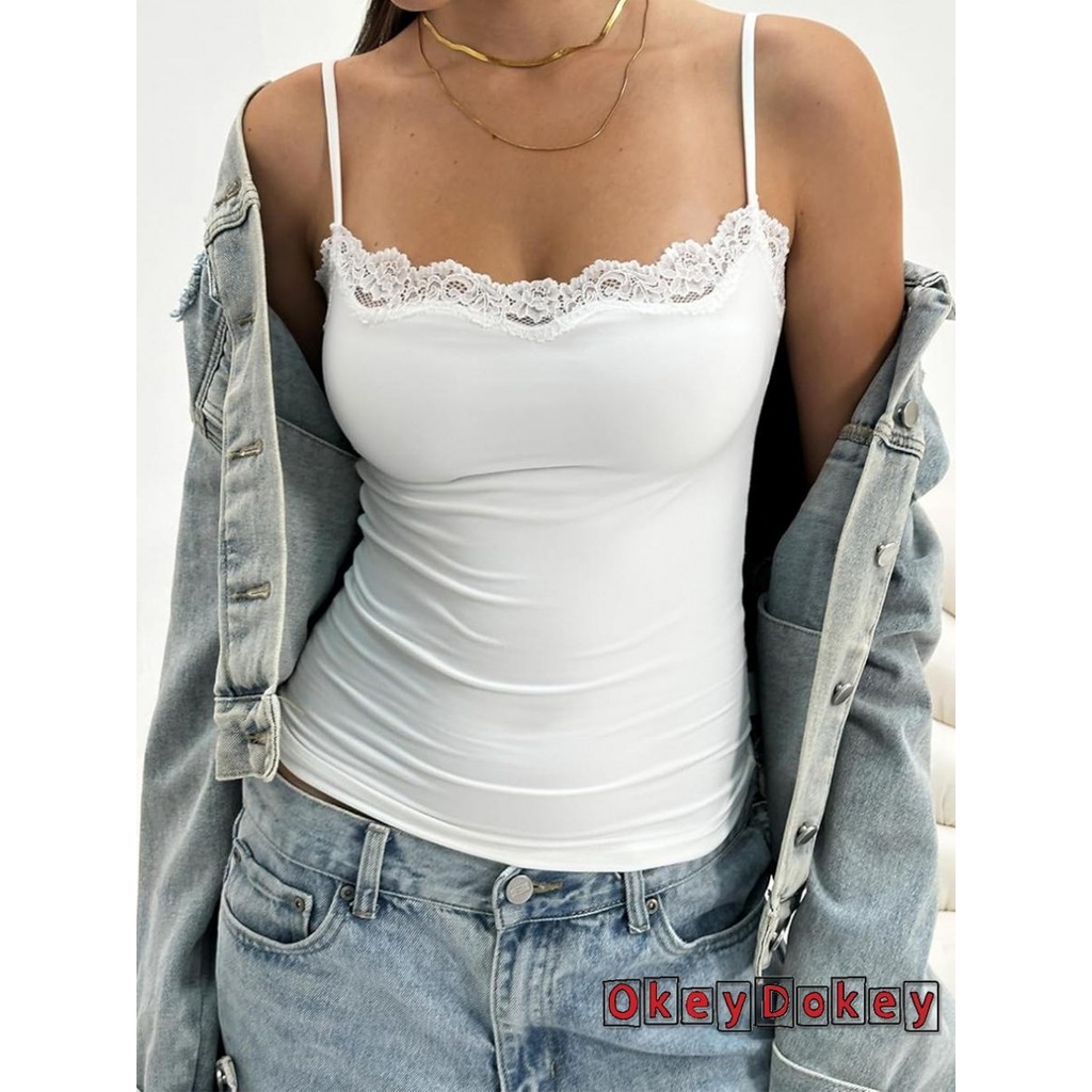 ODokey-Nữ Cami Áo Không Tay Ren Viền Màu Trơn Ôm Vừa Viền