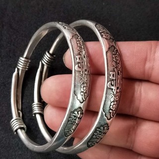 Vòng tay bạc vintage phong cách dân tộc, may mắn và trường thọ - Sản phẩm thủ công