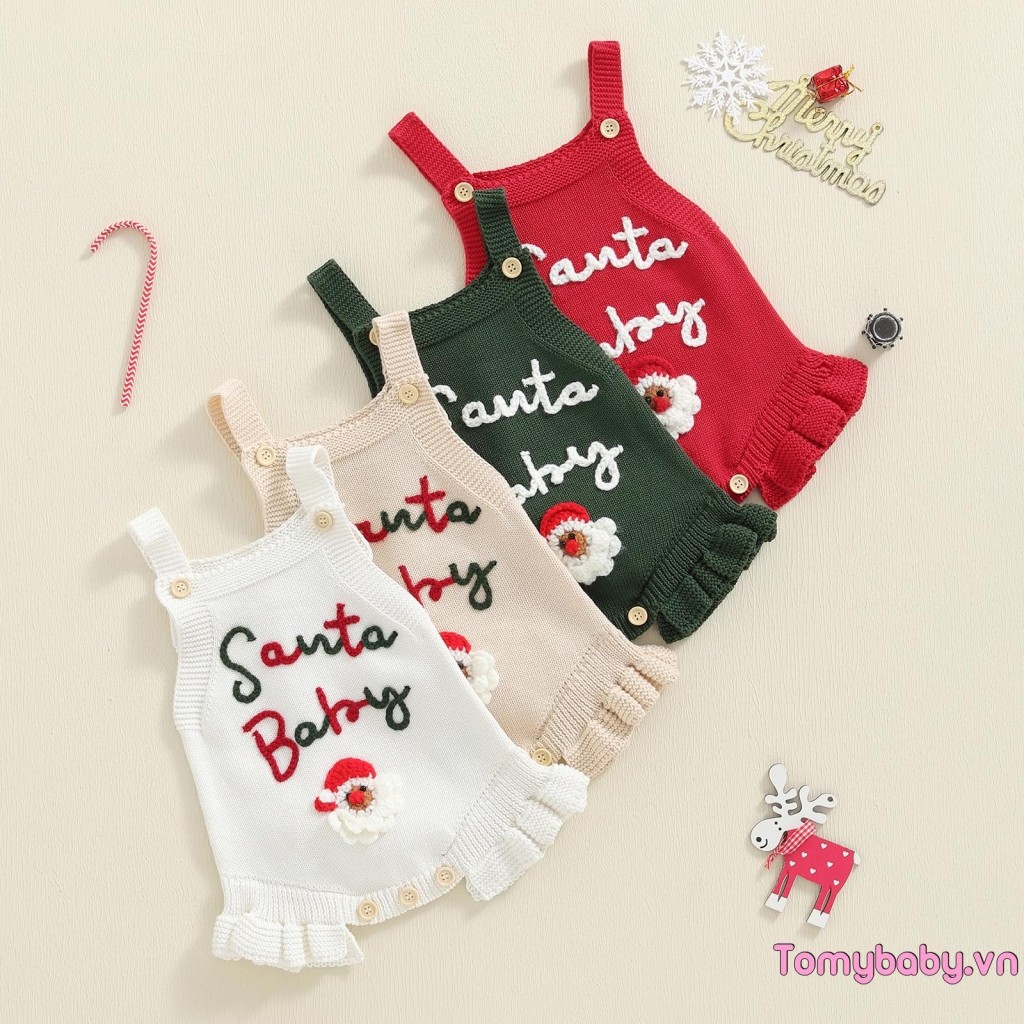 Bé Gái Áo Liền Quần Giáng Sinh Dễ Thương Ông Già Noel Thêu Không Tay Mùa Thu Dệt Kim Jumpsuit