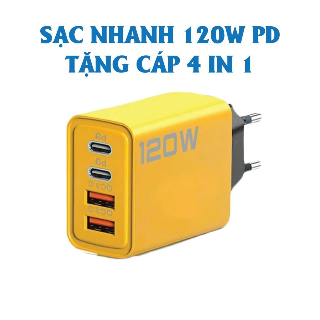 Củ sạc nhanh 4 cổng, 120W gồm: 2 cổng Type C + 2 cổng USB, Cáp sạc nhanh 3 in 1, Cốc sạc nhanh 120W, Phụ kiện
