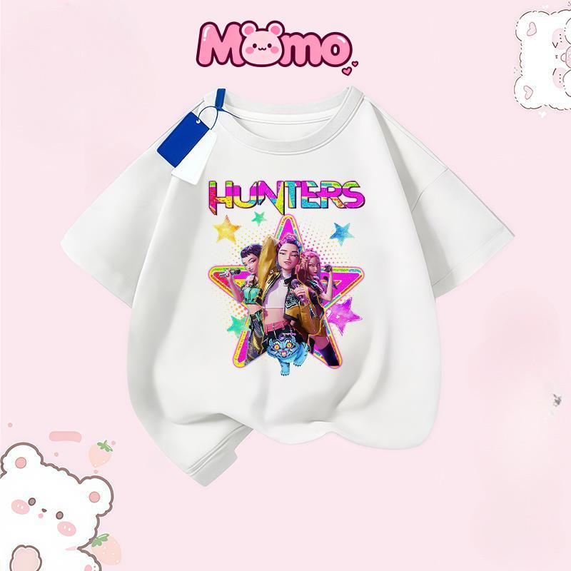 Kpop Demon Hunters Áo thun trẻ em dáng rộng cổ tròn tay ngắn Top Tee Hoạt hình đơn giản và Áo thun phổ biến