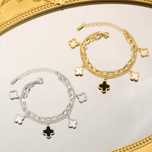 Vòng tay cỏ ba lá bốn lớp thời trang, thép titan mạ vàng 18K bền màu