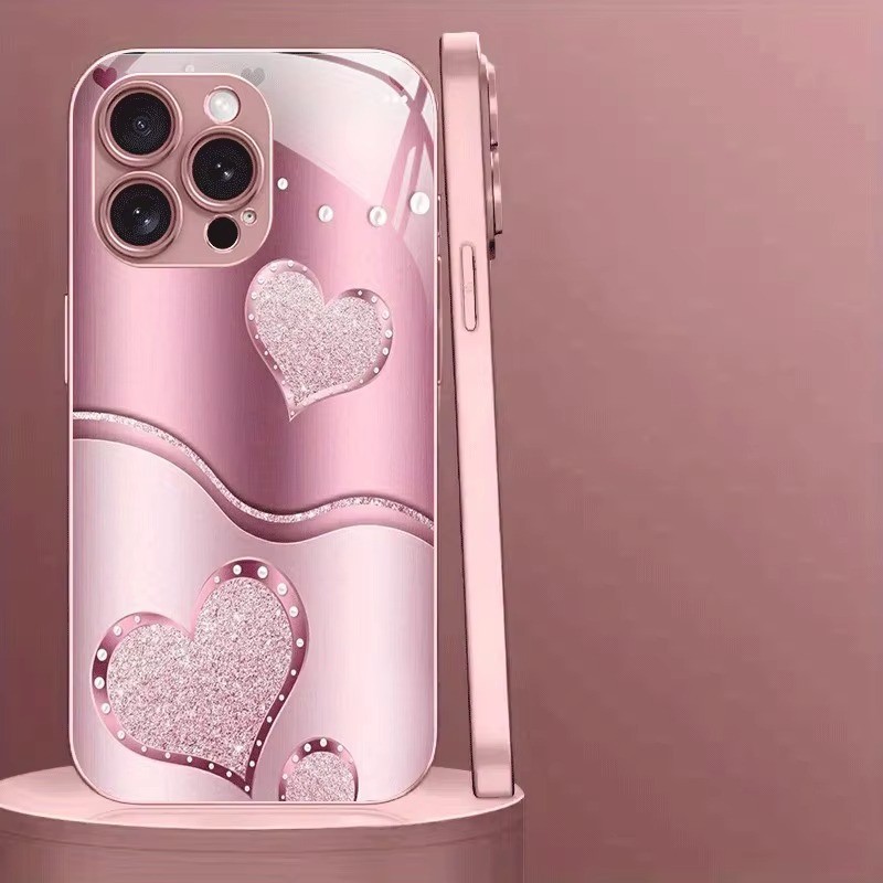 Ốp điện thoại cứng hình trái tim tình yêu dễ thương màu hồng bằng kim loại màu hồng cho iPhone 17 Air 17 16 15 14 13 12 11 Pro Max Plus 16E