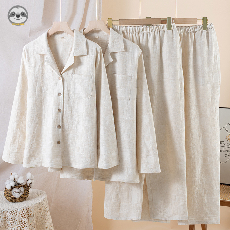 Phong cách Nhật Bản Phong cách Muji / Phong cách cặp đôi Vải lanh cotton màu trơn Bộ đồ ngủ dài tay / Nam nữ Bộ đồ mặc nhà đơn giản / Thường ngày có thể mặc bên ngoài Áo dài tay / Hơi thở vải lanh cotton chất lượng cao