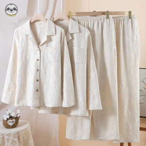 Phong cách Nhật Bản Phong cách Muji / Phong cách cặp đôi Vải lanh cotton màu trơn Bộ đồ ngủ dài tay / Nam nữ Bộ đồ mặc nhà đơn giản / Thường ngày có thể mặc bên ngoài Áo dài tay / Hơi thở vải lanh cotton chất lượng cao