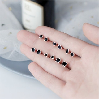 Bông Tai Hình Học Mini Phong Cách Hàn Quốc Với Epoxi Ngôi Sao Năm Cánh, Tam Giác, Tròn Và Trái Tim Màu Đen Dễ Thương