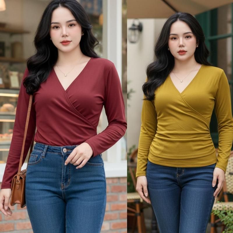Áo Thun Tay Dài Cổ V Bigsize ESHOP Áo Kiểu Nữ Dài Tay Thun Gân Co Giãn Ôm Body MS518