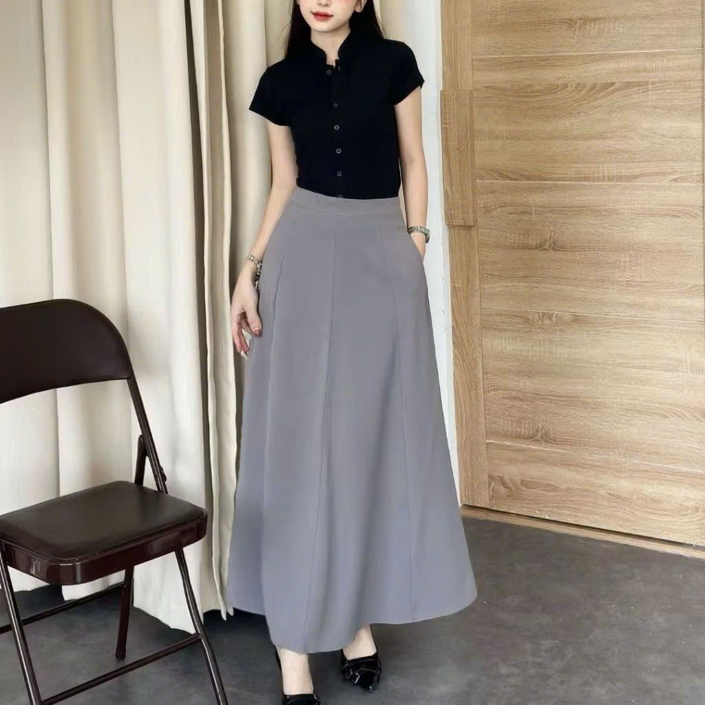 Chân váy chắp 8 mảnh cạp cao dài 90cm dáng suông chữ A che bụng tốt tôn dáng có túi 2 bên có bigsize CV02B