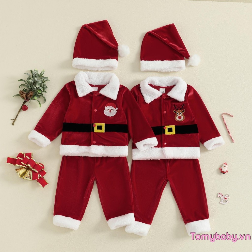 Bộ Trang Phục Giáng Sinh Cho Bé Gái Bé Trai Dài Tay Ve Áo Nút Xuống Áo + Quần Eo Co Giãn Ông Già Noel Trang Phục