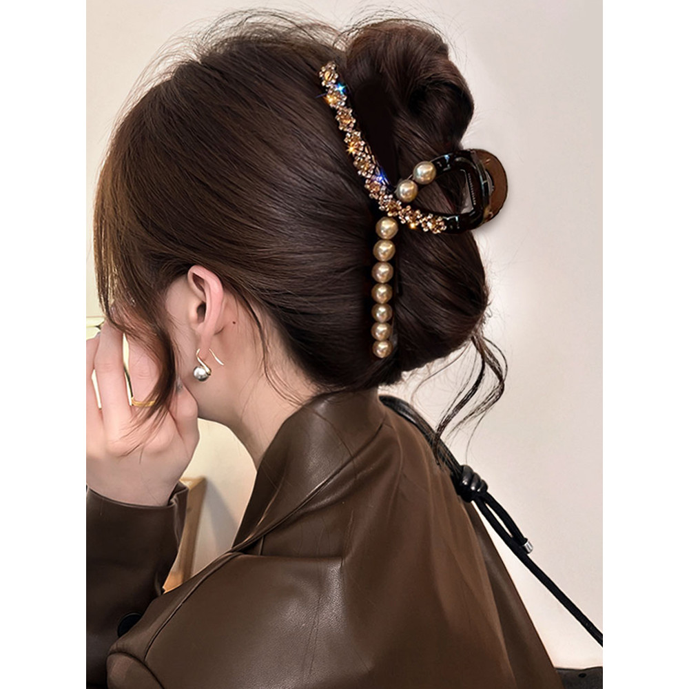 Kẹp tóc cá mập lớn bằng acrylic và ngọc trai, phụ kiện thời trang retro