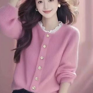 652 Áo len dệt kim màu hồng Thu đông Cardigan Hương thơm Áo len dệt kim Top Coat