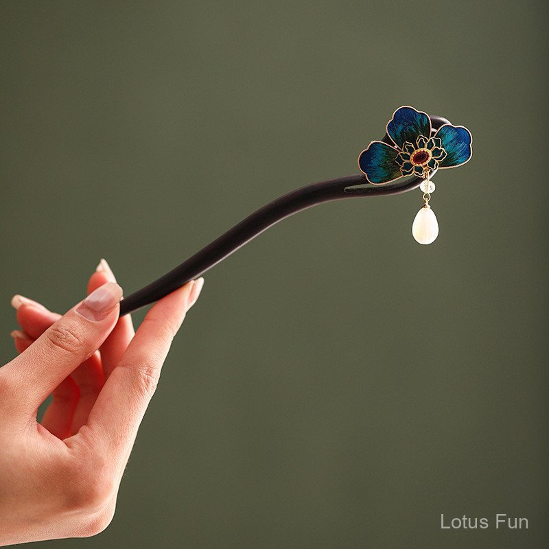 Kẹp Tóc Handmade Phong Cách Trung Quốc, Lụa Nhung & Gỗ Đàn Hương, Họa Tiết Filigree và Hình Chữ U